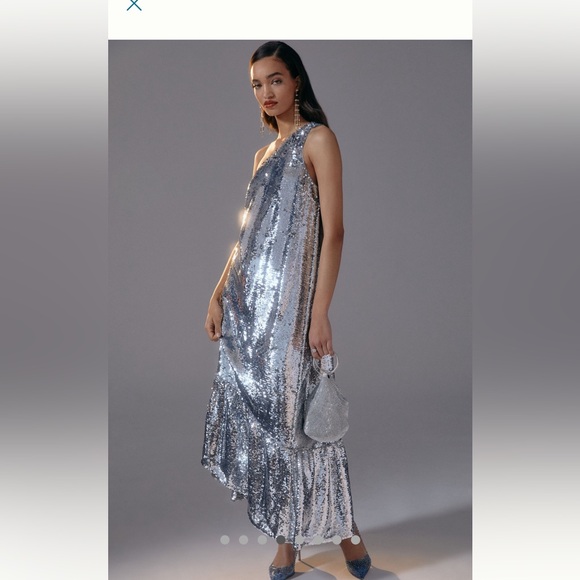 Maeve one shoulder silver sequin midi dress anthropologie sz large new nwt ✨ - Picture 6 of 14